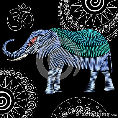 Embroidery elephant fabric design Vector Illustration