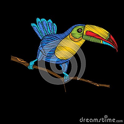 Embroidery. Embroidered design element - bird - toucan -in vinta Vector Illustration