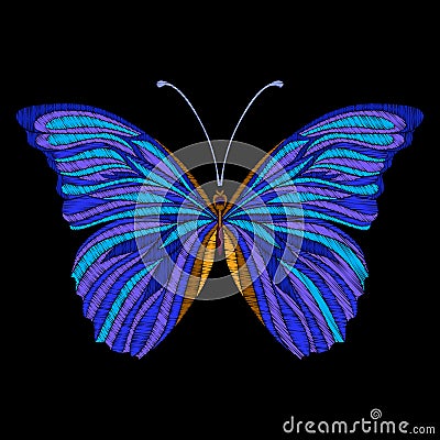 Embroidery. Embroidered design element butterfly - in vintage Vector Illustration