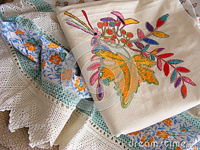 Embroidery. Embroidery hand made tapestry, embroidery white goods Stock Photo