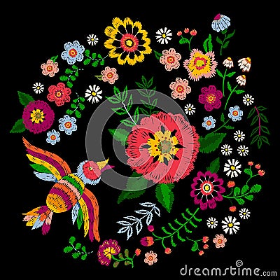 Embroidery ethnic colorful pattern with bird and fantasy flowers Vector Illustration