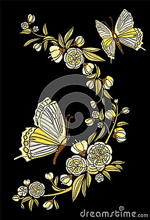 Embroidery ethnic flowers and butterfly, line design fashion wearing. Vector vintage , decorative element for embroidery Vector Illustration