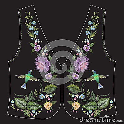 Embroidery ethnic neck line floral pattern with hummingbird and Vector Illustration