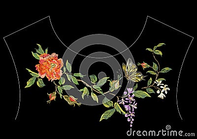 Embroidery ethnic neck line pattern with red peony, wisteria and Vector Illustration