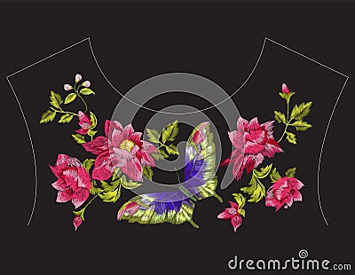 Embroidery ethnic neck line pattern with wild roses and butterfl Vector Illustration