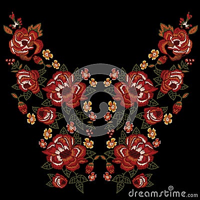 Embroidery ethnic neckline pattern with red roses. Vector Illustration