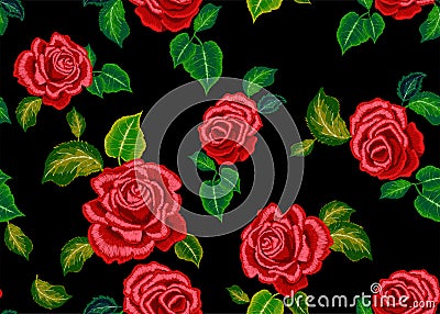 Embroidery ethnic pattern with red roses for fashion wearing. Vector Illustration