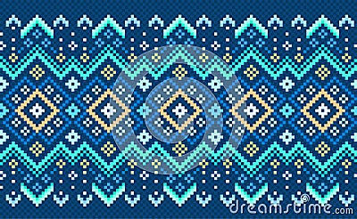 Embroidery ethnic pattern, Vector Cross stitch decorative geometry style, Blue and green pattern background Vector Illustration