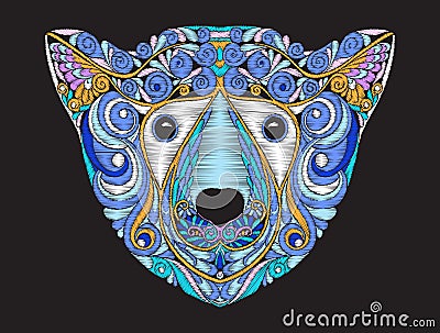 Embroidery ethnic patterned ornate head of polar bear. Vector Illustration