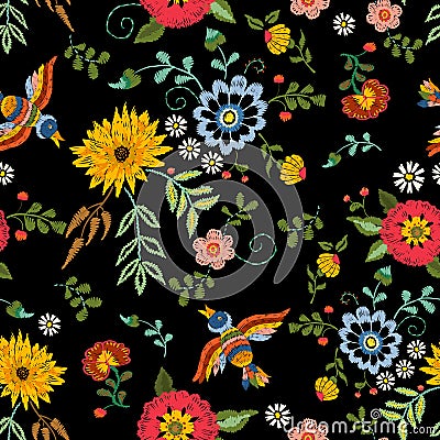 Embroidery ethnic seamless pattern with birds and fantasy flower Vector Illustration