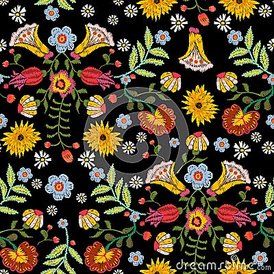 Embroidery ethnic seamless pattern with colorful flowers. Vector Illustration