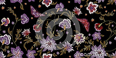 Embroidery ethnic seamless pattern with flowers and butterflies. Vector Illustration