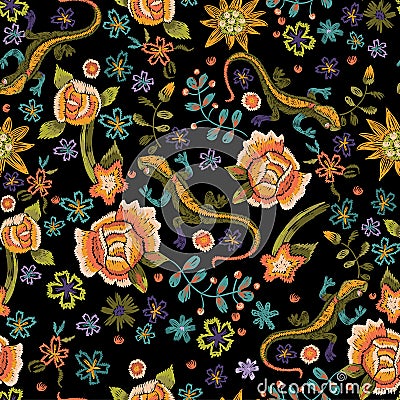 Embroidery ethnic seamless pattern with lizards and flowers. Vector embroidered floral design. Vector Illustration