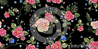 Embroidery ethnic seamless pattern with roses. Vector Illustration
