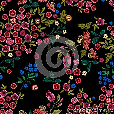 Embroidery ethnic seamless pattern with small wild flowers. Vector Illustration