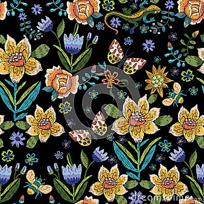 Embroidery ethnic simplified seamless pattern with butterflies a Vector Illustration