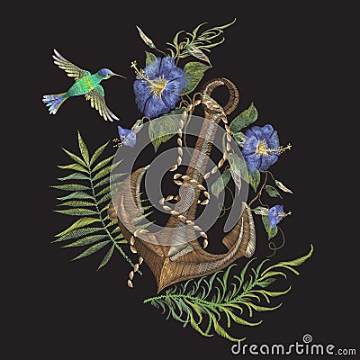 Embroidery exotic flowers and anchor pattern with hummingbird. Vector Illustration