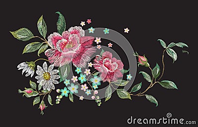 Embroidery fashion floral pattern with roses and chamomiles. Vector Illustration