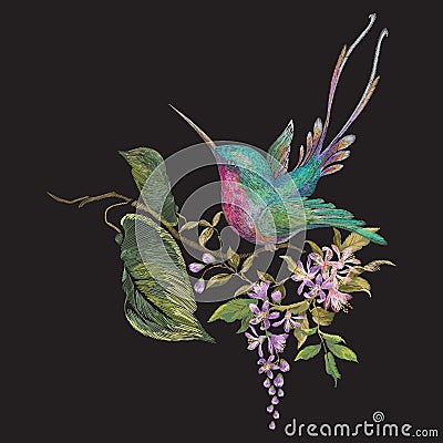 Embroidery fashion pattern with hummingbird on branch of exotic Vector Illustration