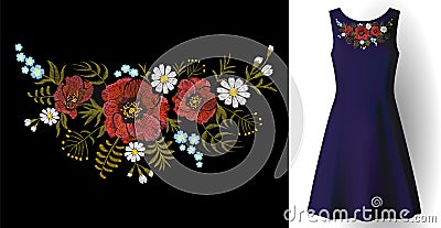 Embroidery field flower arrange necklace patch poppy daisy herbs. Fashion dress decoration woman stitch ornate realistic Vector Illustration