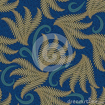 Embroidery floral hand drawn 3d seamless pattern. Textured denim jeans background. Tapestry repeat vector backdrop. Vintage swirls Vector Illustration