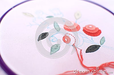 Embroidery with floral motif framed in a hoop. Work in process. Stock Photo