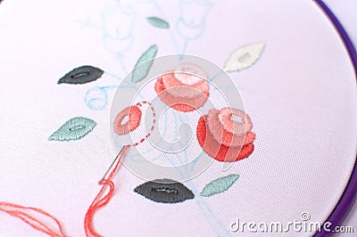 Embroidery with floral motif framed in a hoop. Work in process. Stock Photo