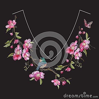 Embroidery floral neck line pattern with oriental cherry blossom Vector Illustration