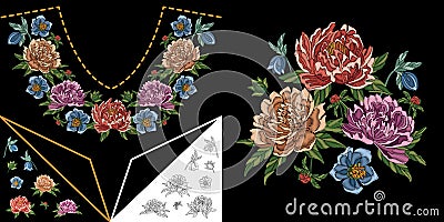 Embroidery floral neckline design Vector Illustration