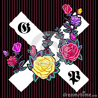 Embroidery floral patch with roses and gothic signs. Vector Illustration