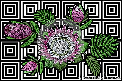 Embroidery floral patch tropical protea blossom. Pink flower exotic leaves fashion print textile decoration stitch Vector Illustration