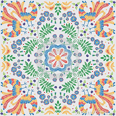 Embroidery floral pattern, decorative ornament for textile, pillow or bandana decor. Bohemian handmade style background Vector Illustration