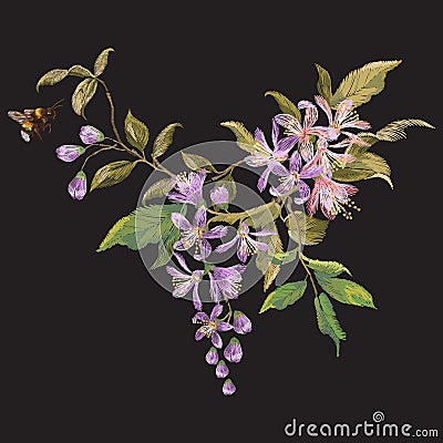 Embroidery floral pattern with lilac blossom and bee. Vector Illustration