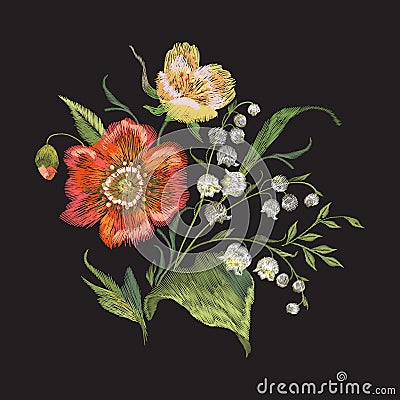 Embroidery floral pattern with poppies and lilies of the valley. Vector Illustration