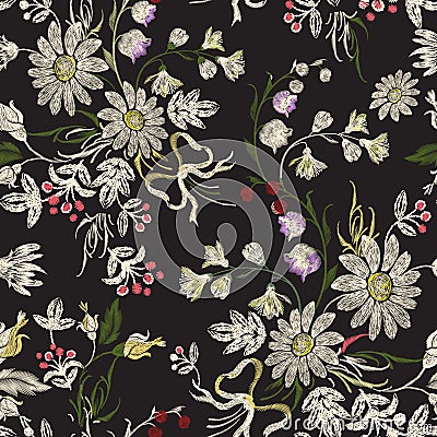 Embroidery floral seamless pattern with chamomiles and bows. Vector Illustration