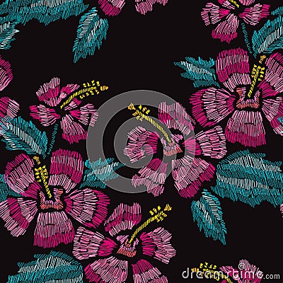 Embroidery floral seamless pattern Vector Illustration