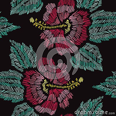 Embroidery floral seamless pattern Vector Illustration