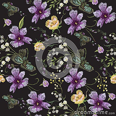 Embroidery floral seamless pattern with ethnic violets. Vector Illustration