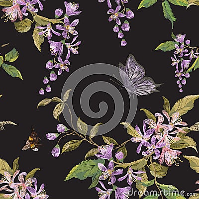 Embroidery floral seamless pattern with lilac blossom, butterfly Vector Illustration