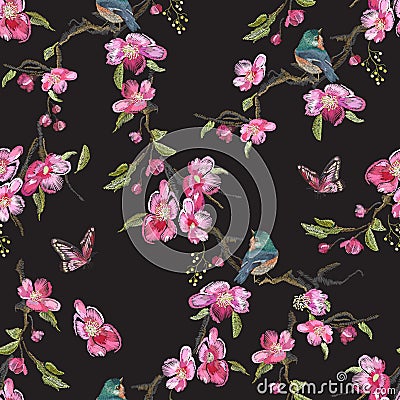 Embroidery floral seamless pattern with oriental cherry blossom Stock Photo