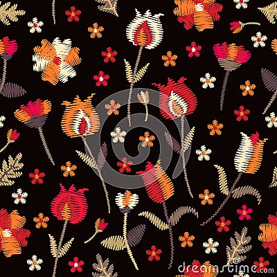 Embroidery floral seamless pattern with red and orange flowers on black background. Folk motifs. Fashion design. Vector Illustration