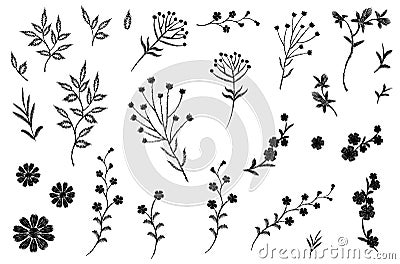 Embroidery flower field herb collection. Fashion print patch design floral DIY set. Stitched texture daisy leaves Vector Illustration