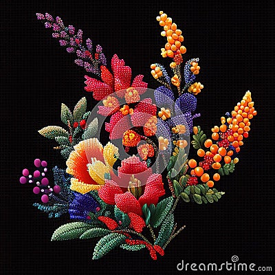 Embroidery Flower, Floral Pattern with Small Beads, Embroidered Beadwork, Generative AI Illustration Stock Photo