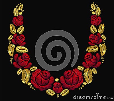 Embroidery flower necklace ornament red rose vintage retro gold Cartoon Illustration