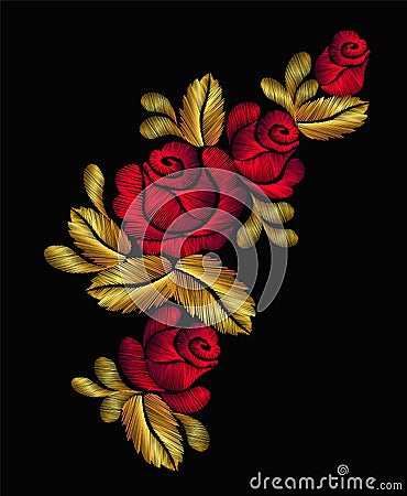 Embroidery flower necklace ornament red rose vintage retro gold Cartoon Illustration