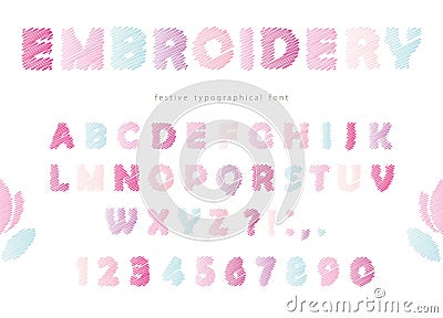 Embroidery font design in pastel colors. Isolated on white. Vector Illustration