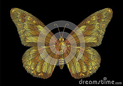 Embroidery gold butterflies on a black background. Vector Illustration