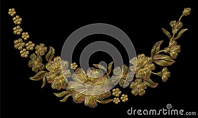 Embroidery gold floral pattern with dog roses and forget me not flowers. Vector Illustration