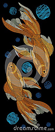 Embroidery with golden fish on a black background. Embroidered g Vector Illustration