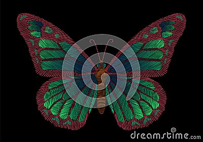 Embroidery green butterflies on a black background. Cartoon Illustration